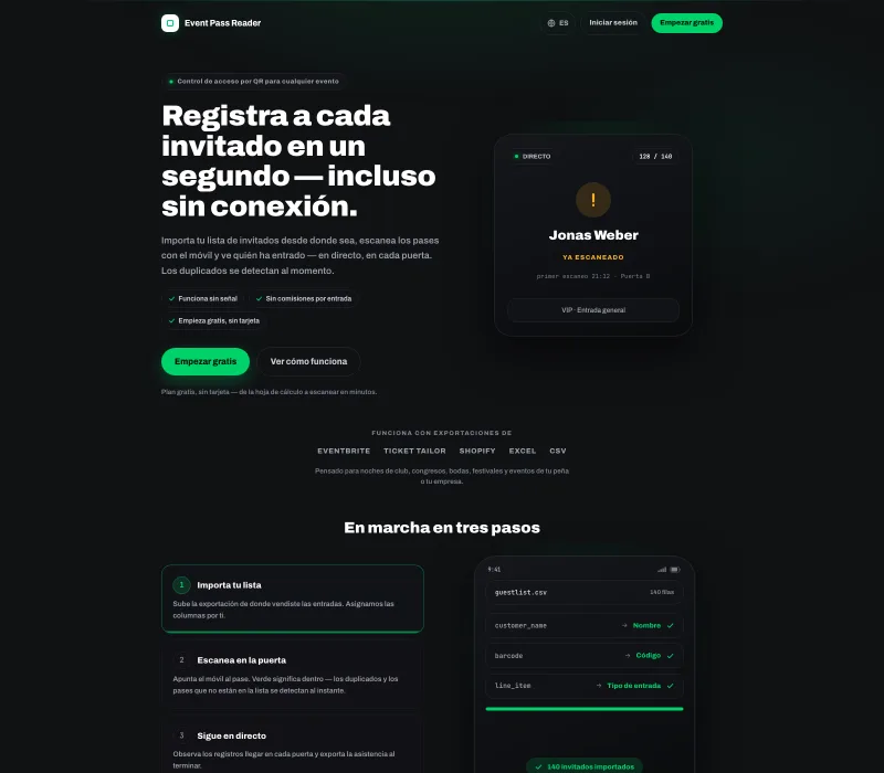 Eventpassreader.com — página del producto de control de acceso a eventos