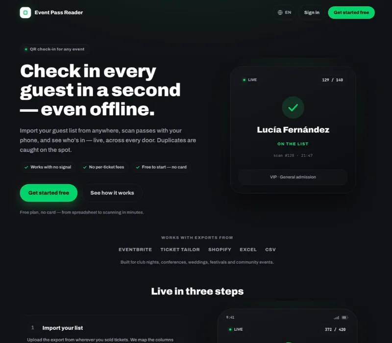 Eventpassreader.com — universal event check-in product page