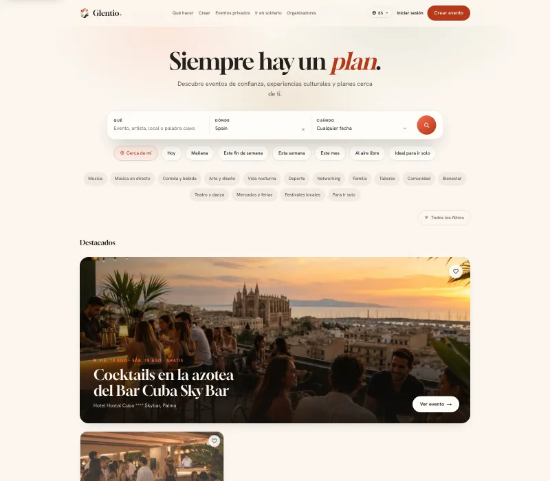 La página de inicio real de Glentio.com